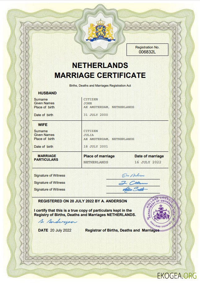 Modèle Word et PDF d'acte de mariage aux Pays Bas